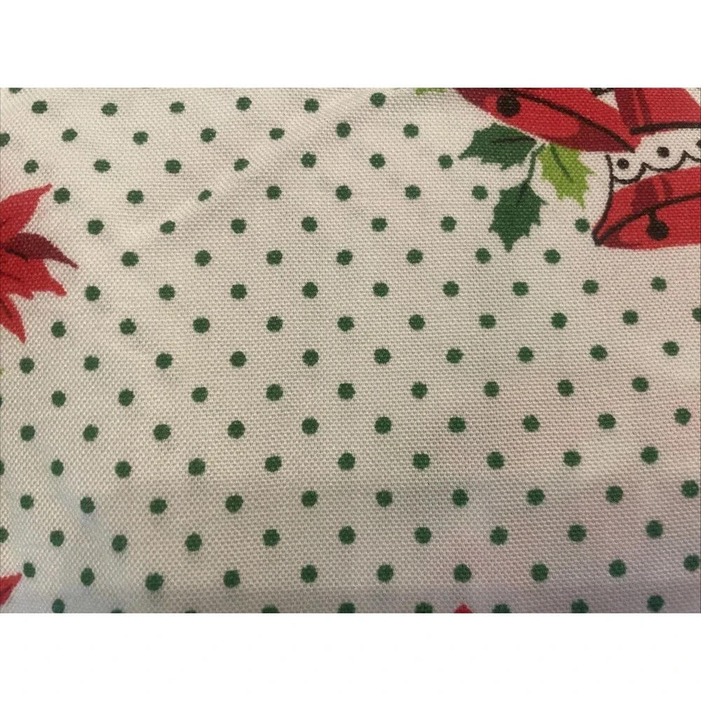 Vtg Christmas Tablecloth White w/ Red Poinsettia & Bells Green Polka Dots 58x81”